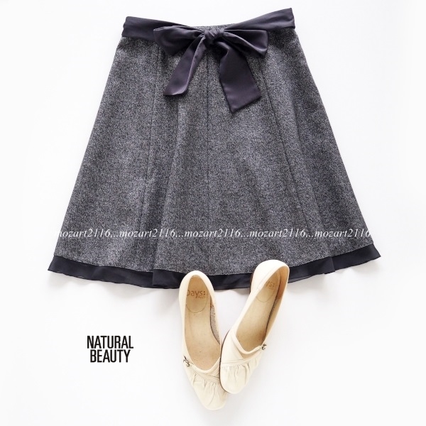 ナチュラルビューティー ラメリボンフレアースカート黒 38