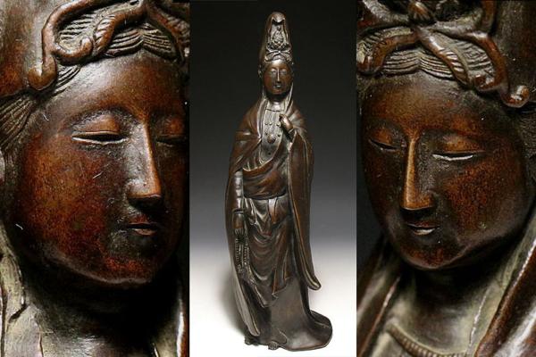【侍】明治時代 古銅 観音菩薩立像 仏教美術 o363