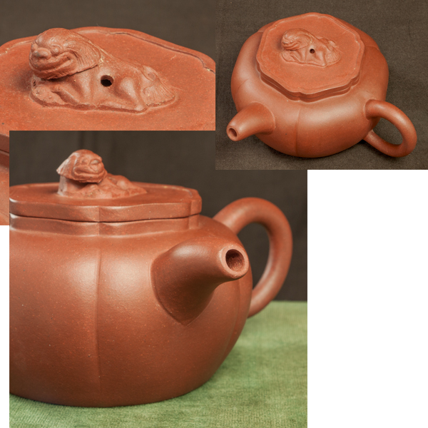 中国宜興紫砂　朱泥阿古陀形横手獅子壺　急須　煎茶道具　k85
