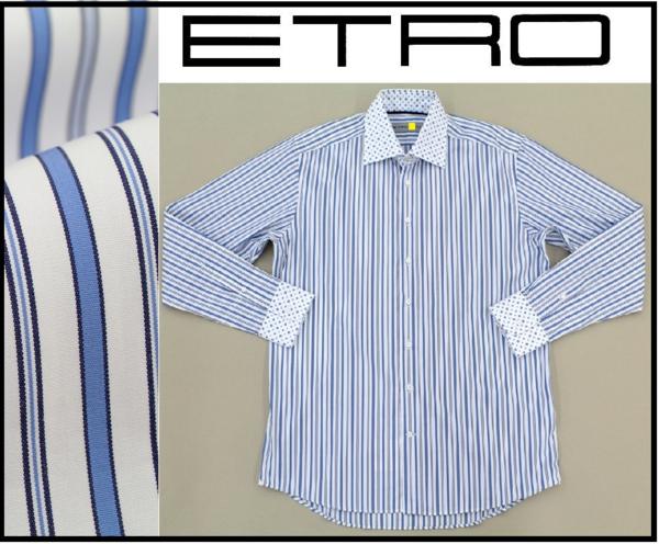 6万新品◆41=L◆【ETRO】エトロ 青×白ストライプシャツ襟白