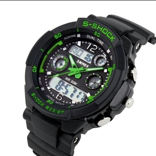 最安値★黒緑色 S-SHOCK★メンズ時計★耐水★LEDバックライト★