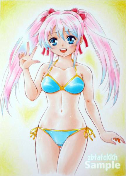 ね*む様 オリジナル手描きイラスト　ツインテール　水着　女の子 オリジナル手描きイラスト 水着の少女 ビキニ ツインテール(手描き