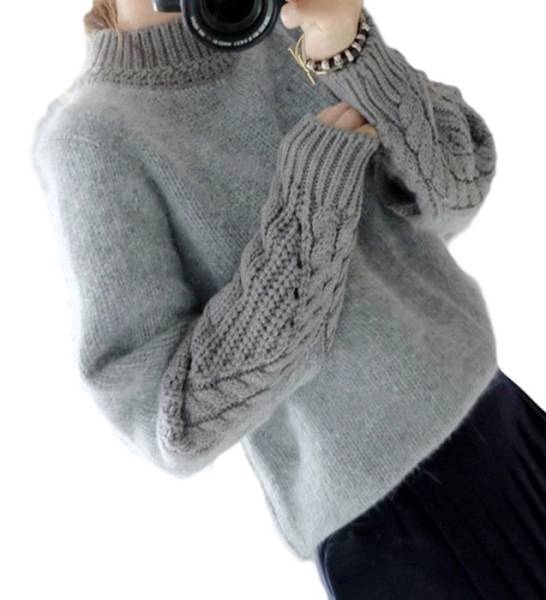1円新品Mモヘア調 ケーブル編みニットセーターハイネック灰AA601