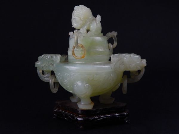 中国古玩 緑玉石 香炉 遊環細工 時代物 唐物 初だし品　