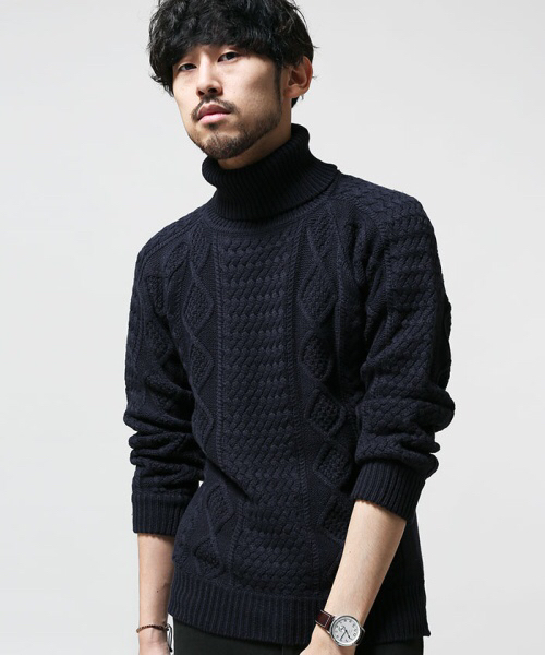 ナノユニバース×1PIU1UGUALE3別注タートルケーブルニット紺