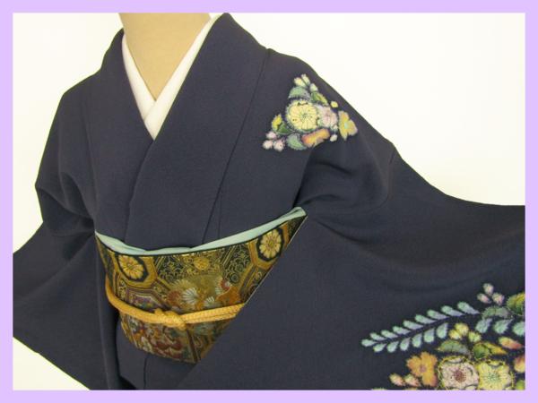 ◆衣紋屋◆4082 【1円～】落款入 辻が花文様 訪問着 正絹 藍錆色