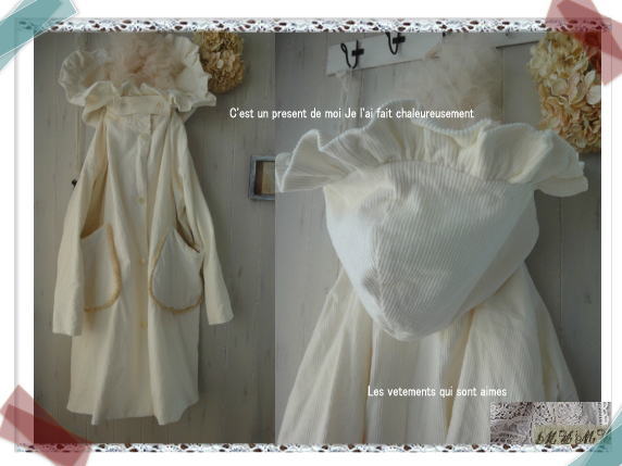 ::*:*。::ハンドメイド::総裏ホワイト中厚手コーデュロイフリルフードコート::handmade*。