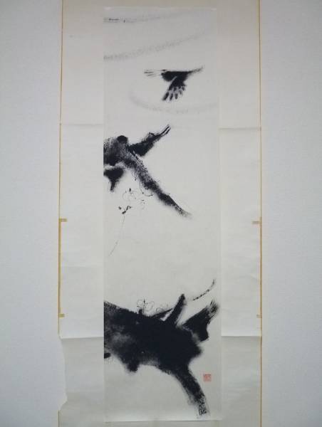 OS》希少 水墨画鬼才 篁牛人 渇筆「梅に鶯図」紙本肉筆水墨画まくり 仮