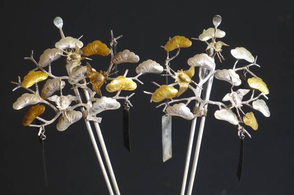 アンティーク 和装小物 金銀鍍金 鶴松細工 びらびら簪 かんざし 髪飾り Ｈ