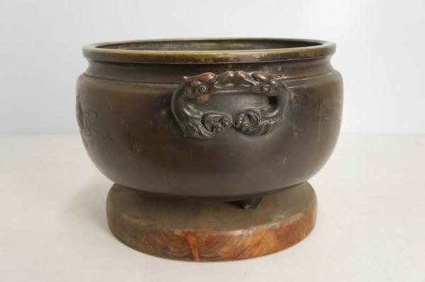 時代　火鉢　三足獅子耳瓶掛　煎茶道具　時代物　黄銅手あぶり