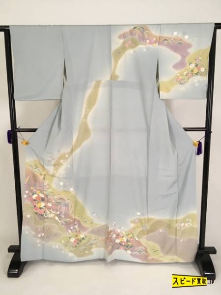 スピ買■ 着物 1円 逸品 訪問着 水色 四季草花 亀甲 ぼかし 金糸 金彩 正絹 袷 165.5cm Mサイズ