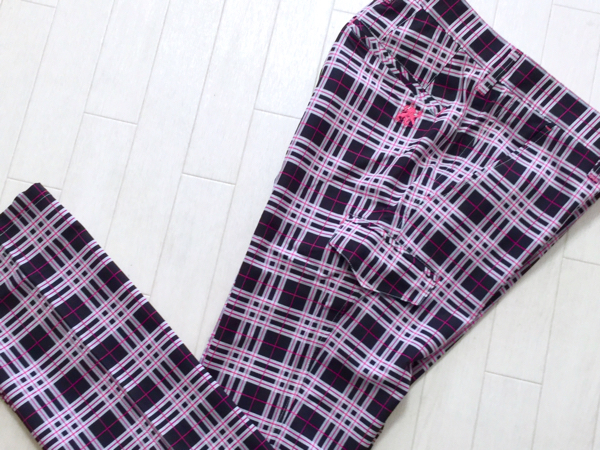 新品★ビバハート 吸汗速乾 チェック柄 ハイパーストレッチ カーゴパンツ★BK★w85