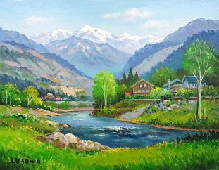 美術品 竹内敏彦 絵画 油絵 肉筆油絵 風景画 花園 F6 送料無料