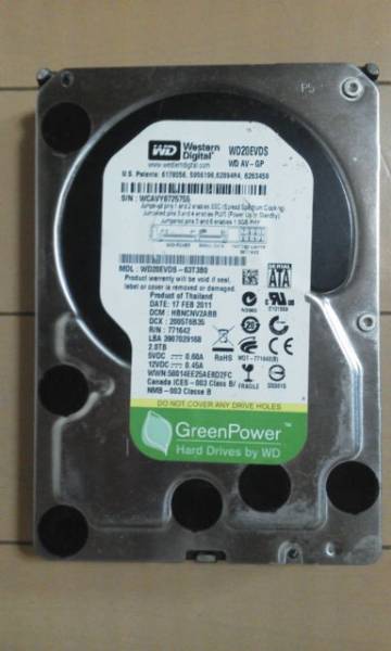 WesternDigital 内蔵型HDD 2.0TB WD20EVDS フォーマット済 中古