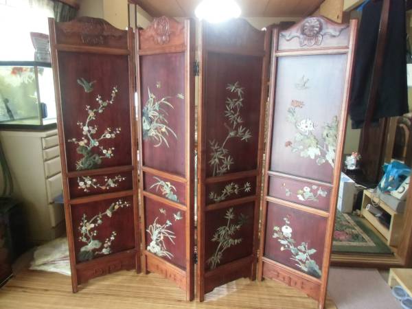 中国工芸　貴石絵　４曲屏風　パーテーション　スクリーン