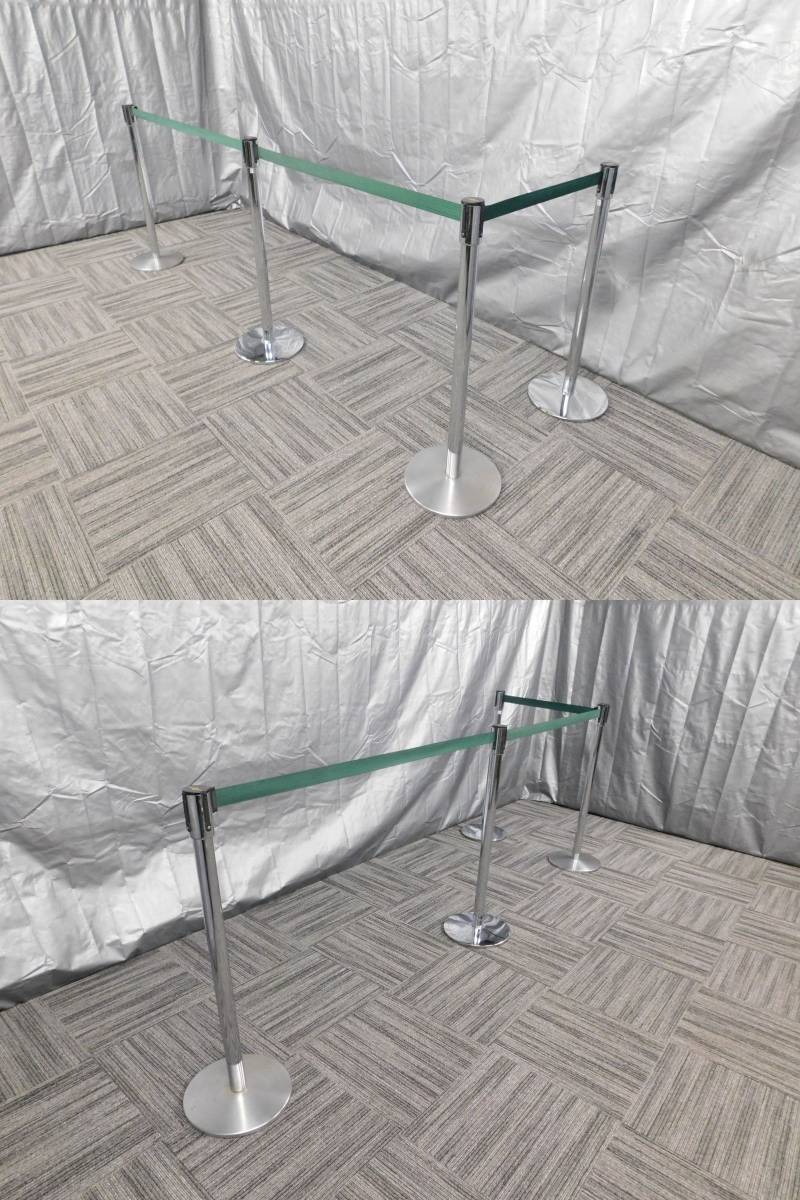 ●自社便配送地域あり●管F145●テンサバリアー製ベルトパーテーション4本セット4方向連結ポール緑イベント行列整理仕切り