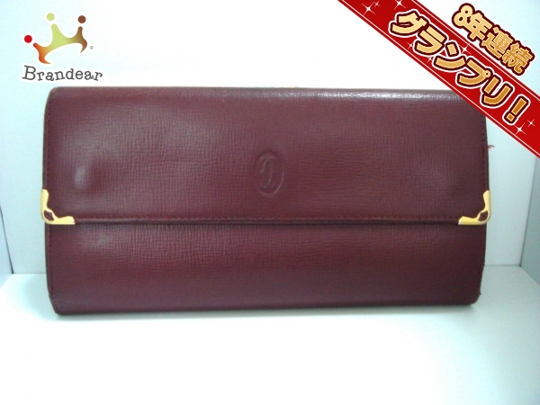 カルティエ Cartier 財布 長財布 レザー ボルドー×ゴールド がま口