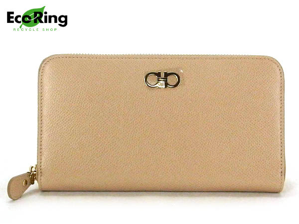 1円 未使用 フェラガモ ガンチーニ ラウンドファスナー レザー 長財布 ベージュ CM331