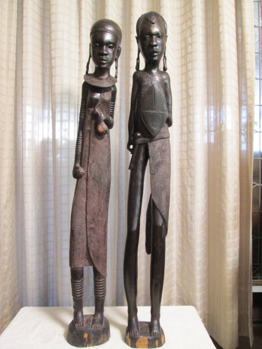 ★超Bigで細密な　若い男女ペアのアフリカ木彫人形　黒檀★107cm高さ