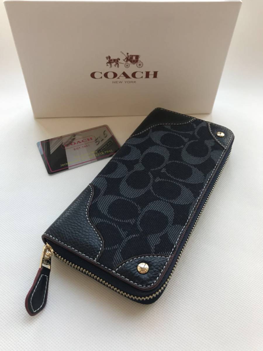 COACH コーチ F53769 長財布シグネチャー ラウンドファスナー デニム レザー 長財布中古未使用