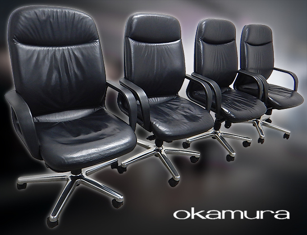 ★美品★オカムラ★黒本革★レザー★エグゼクティブ★ハイバック★CE★96万★役員/応接用★会議/ミーティングチェア/4脚セット★