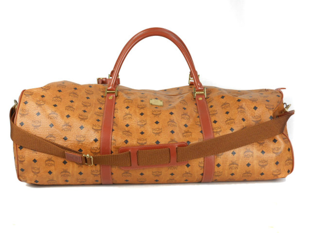 エムシーエム MCM ロゴグラム レザー ボストン バッグ トラベル 2way 旅行鞄 かばん 茶 ブラウン 本革