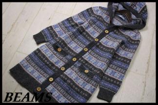 ★F116 BEAMS HEARTビームス ノルディック柄 ニットコート/フード付/ローゲージ/雪柄/レディース/