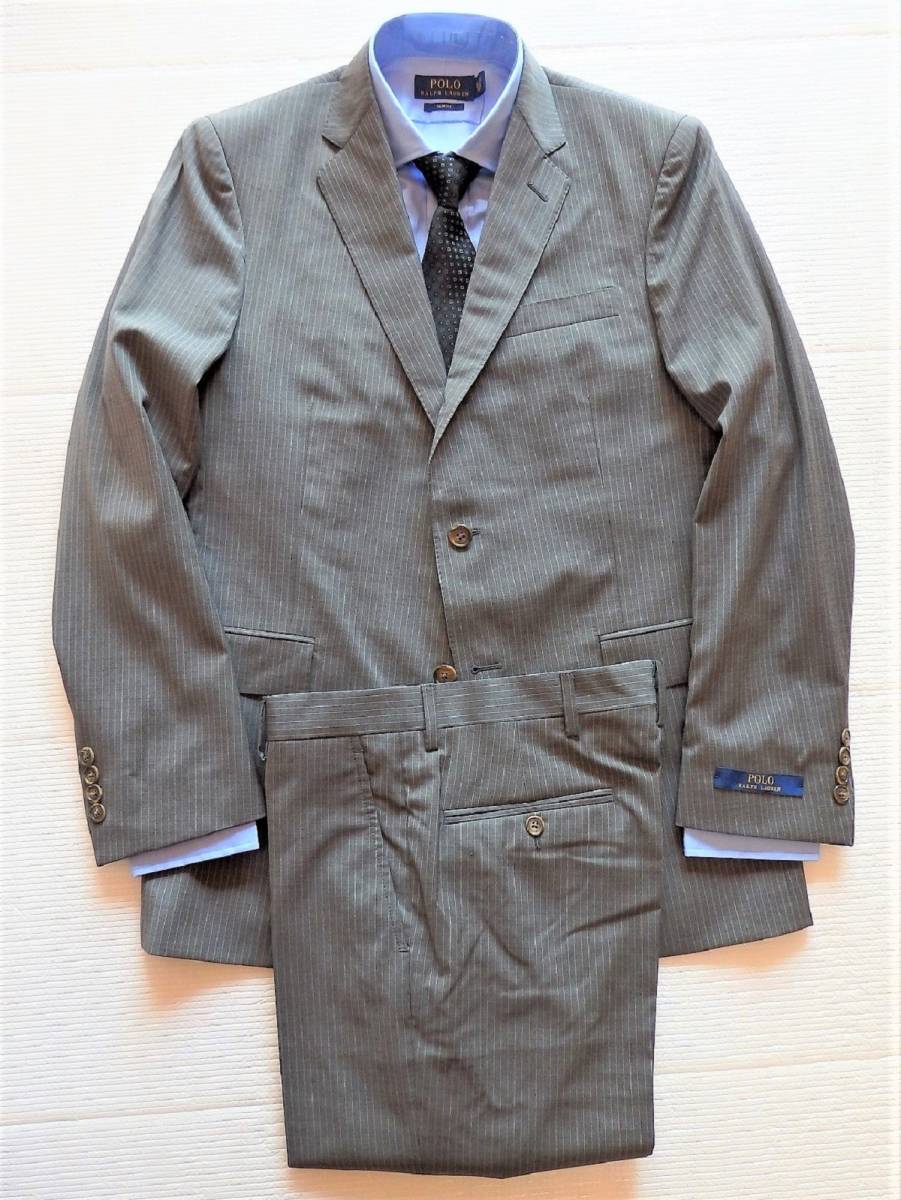【新品】12，4万★伊製ラルフローレンPolo【段返り3つ釦ピンストライプスーツ】トラッド定番Polo2モデル/us38s-A6