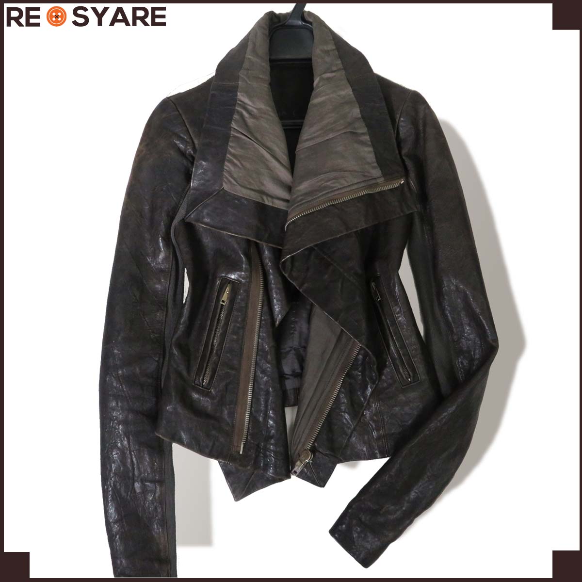リックオウエンス*ドレープ*ブリスター*レザー*リブ*切替*ダブルライダース*バイカー*ジャケット*ブルゾン*27970