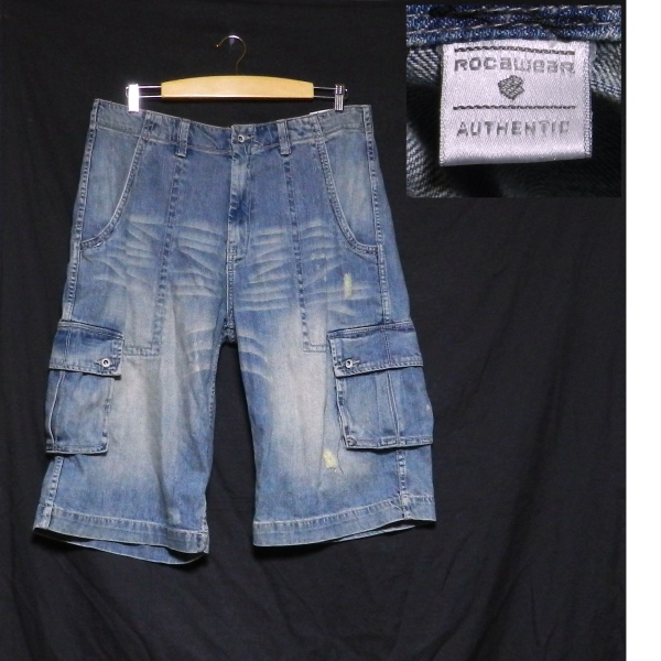 新品 ROCAWEAR ロカウェア ハーフ バギー デニム パンツ ジーンズ 紺 