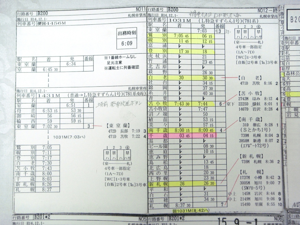SZ3846 北海道 鉄道 古い 車掌用 札幌車掌所 行路表 H14 15 68枚セット