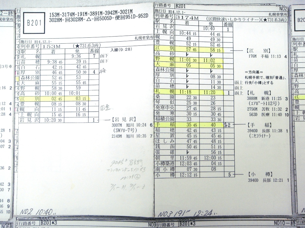 SZ3846 北海道 鉄道 古い 車掌用 札幌車掌所 行路表 H14 15 68枚セット