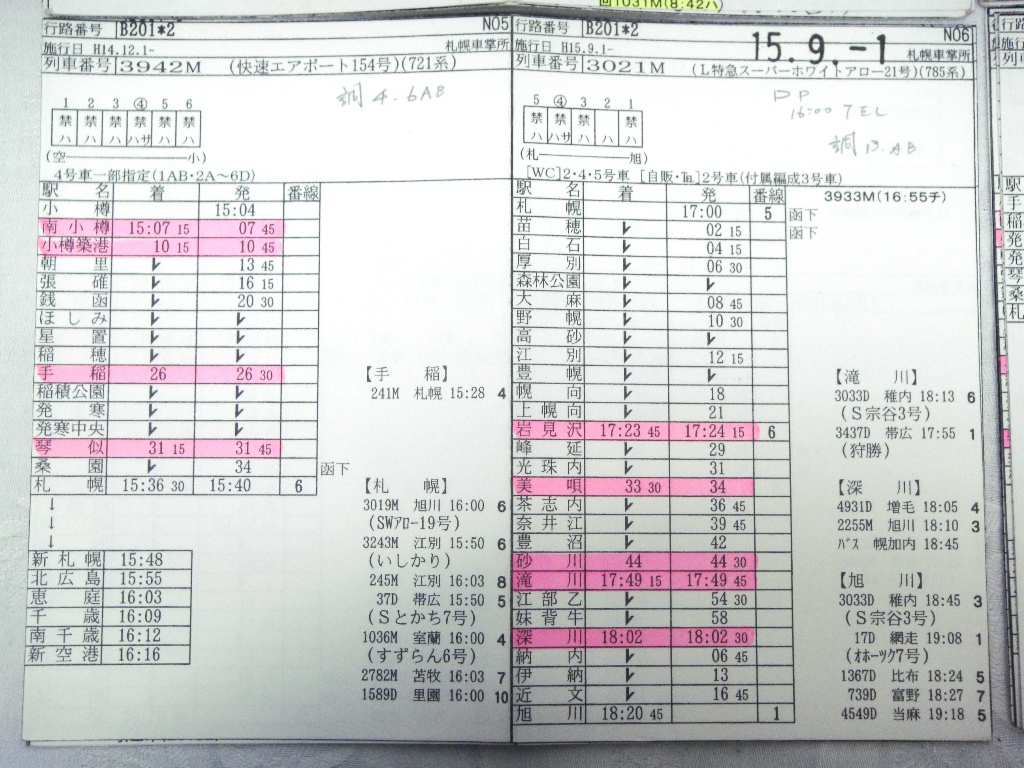 SZ3846 北海道 鉄道 古い 車掌用 札幌車掌所 行路表 H14 15 68枚セット