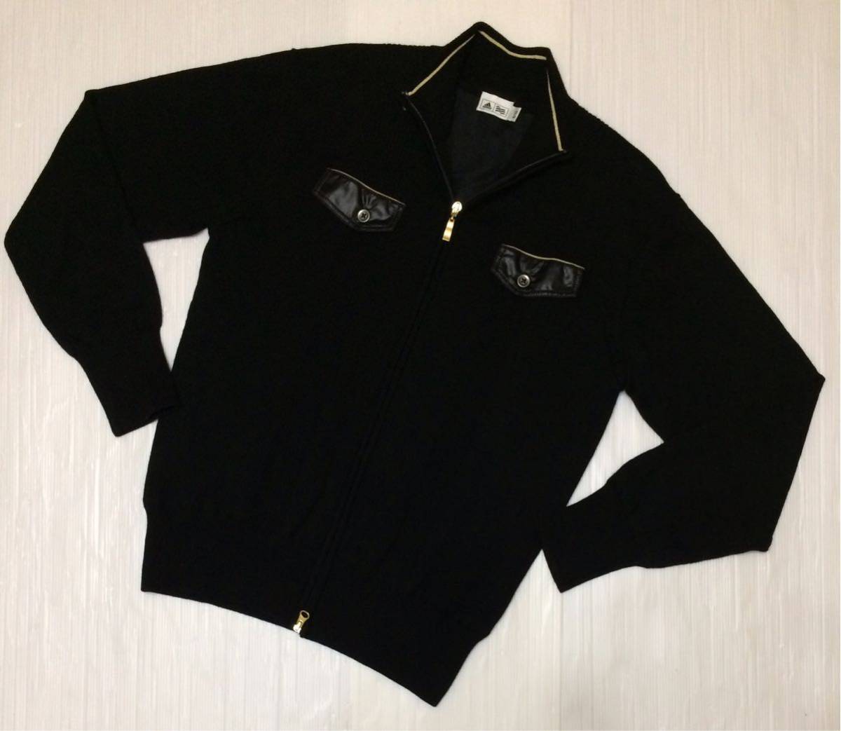 【adidas アディダス テーラーメイド】ロゴ刺繍 リブ編み フルWジップ 総裏地付き ウールニット ジャケット カーディガン ブラック Ｏ