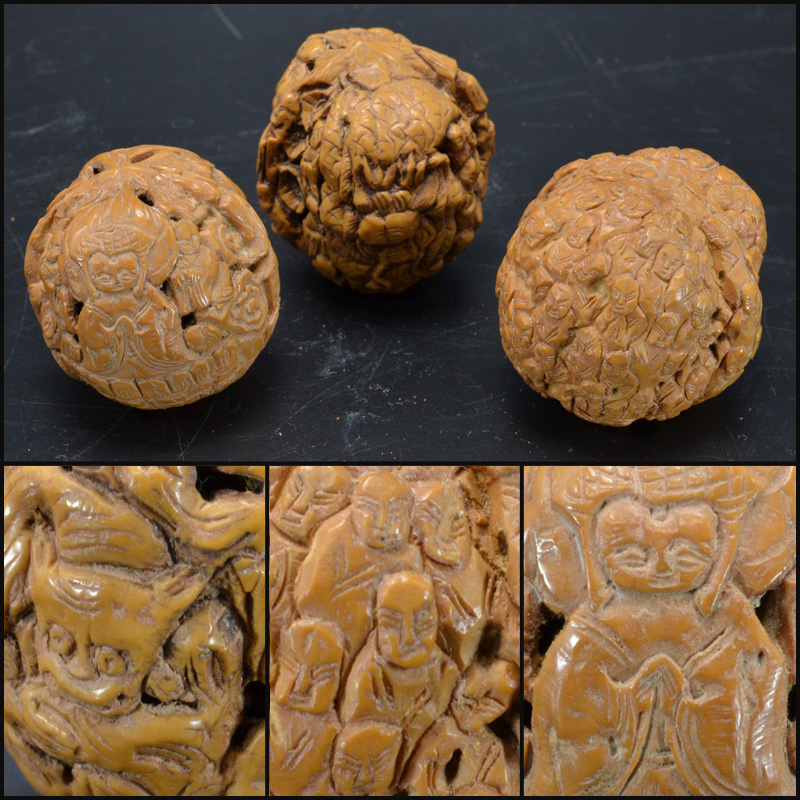 【飛HC】中国美術　唐物　胡桃彫刻　人物彫　根付　3個まとめて 古玩　CPYH