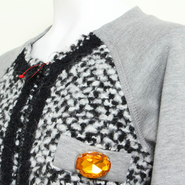 ★MOSCHINO・モスキーノ★ビッグビジュー装飾 異素材使い ジップアップブルゾン I：38 F：34 US：4★杢グレー×白×黒★[値下げ]★17wv71