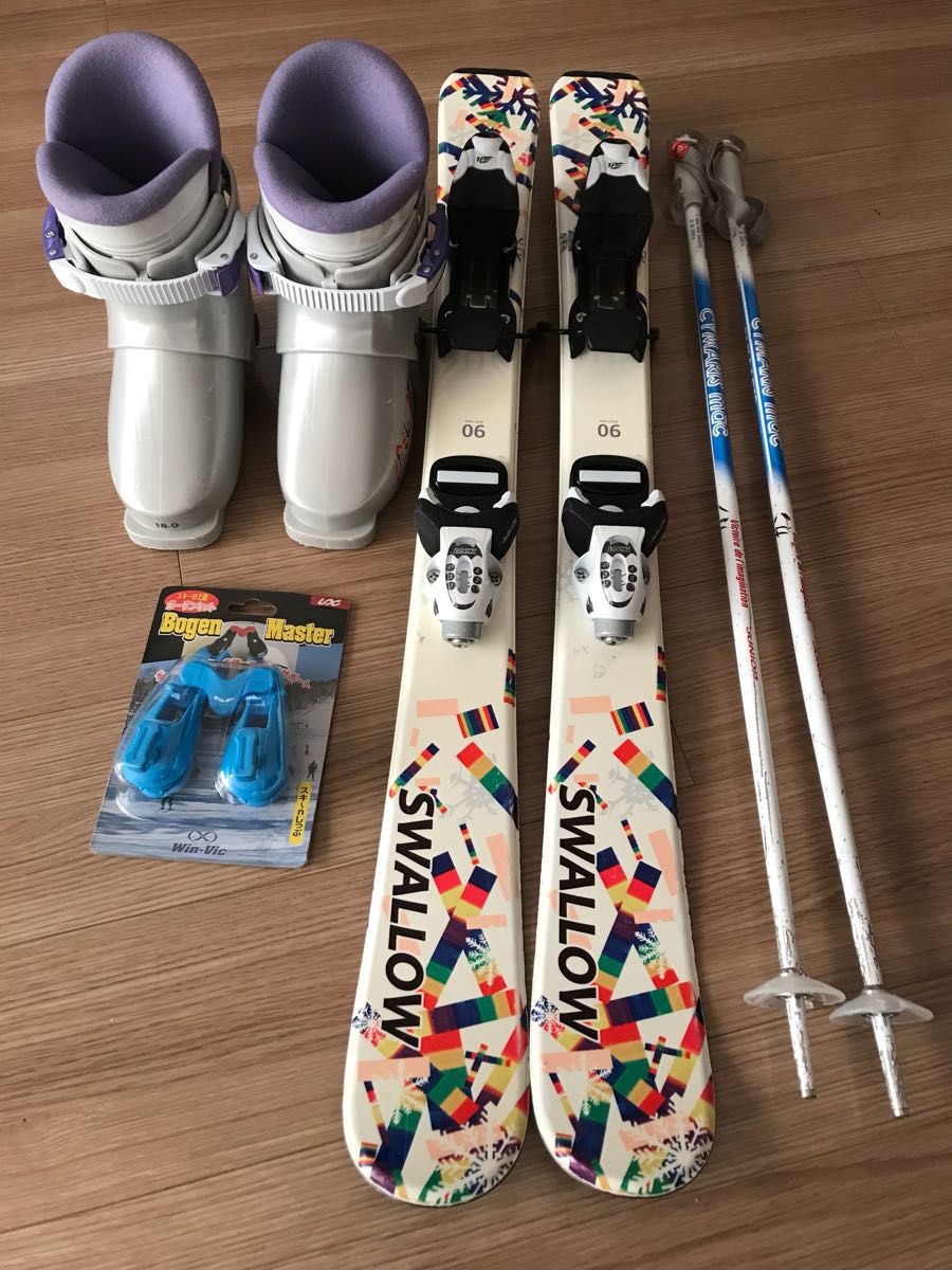 Used ジュニアスキーセット・SWALLOW板90ｃｍ・ブーツ18ｃｍ・ストック80ｃｍ・ボーゲンキット
