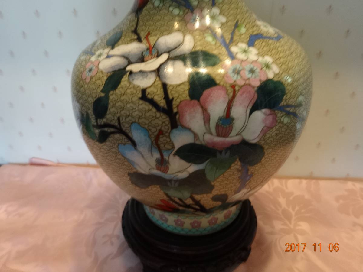 偲七宝焼 大型 花瓶 花器 梅鳥文様 花入 高さ約30.5cm 壺