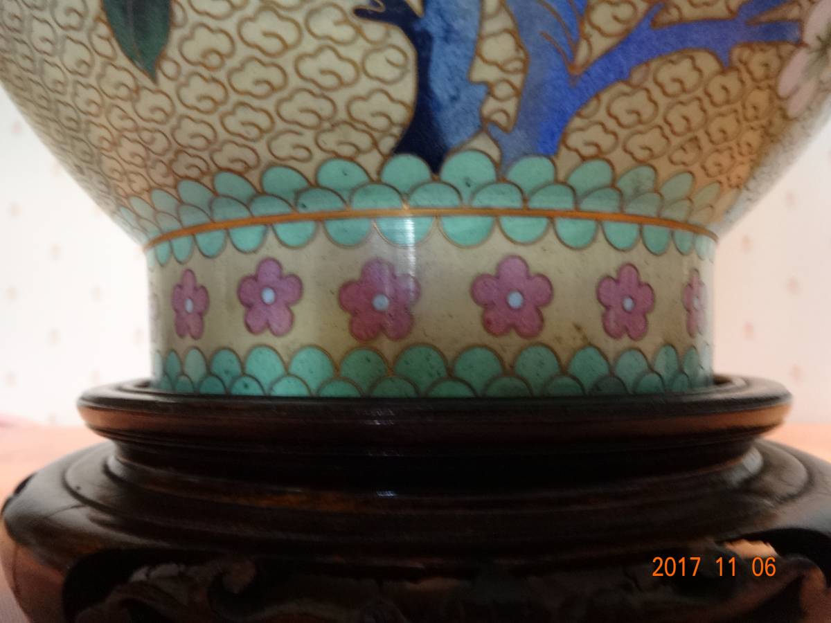 偲七宝焼 大型 花瓶 花器 梅鳥文様 花入 高さ約30.5cm 壺