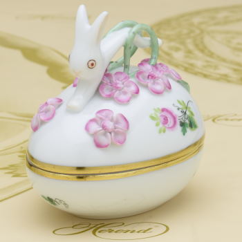 ★1円～スタート【ヘレンド】卵形ボンボン入れ★兎と花の飾り★ウィーンのバラ・シンプル(VRHS)★ハンドメイド★飾り物★小筐★新品◆