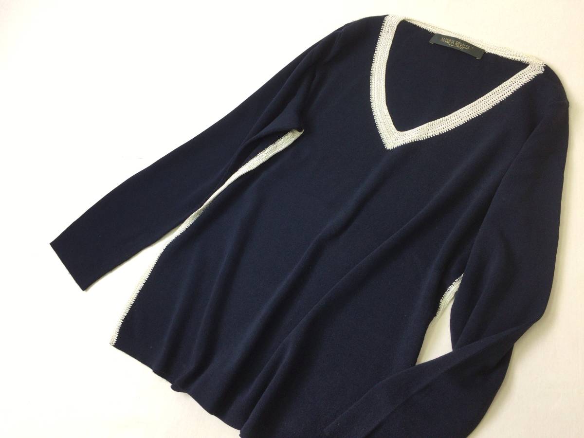 MARINA RINALDI◆M◆しっとりハイゲージ綺麗ネイビー かぎ針編みラインセーター　ニット◆マリナリナルディ