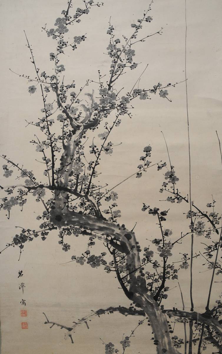 水墨画 掛軸 梅の木 春の景色 水墨画 掛軸 梅の木 春の景色 美術品