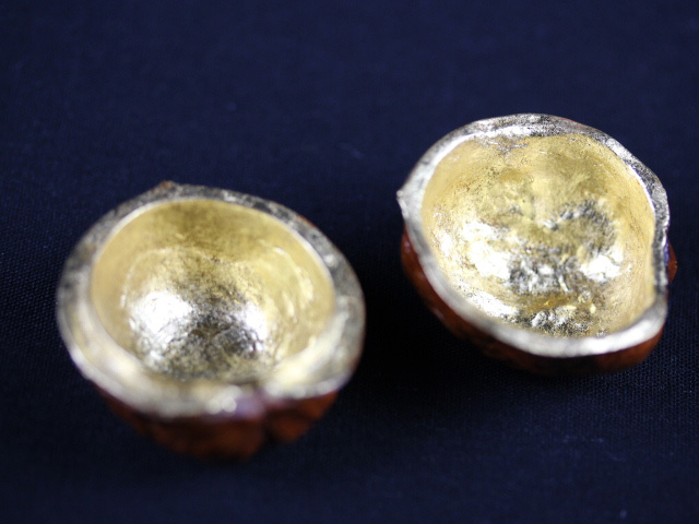 ■拳■　茶道具　乾漆作家『宗勝』造　乾漆内金塗胡桃形香合　共箱　蓋物　合子_3