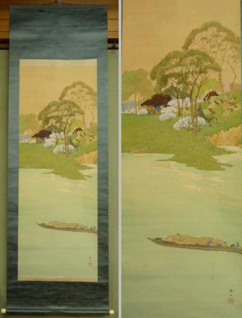 ●掛軸●　川島梅関（梅丘）『澱河の春図』　桜　共箱　【師：山元春挙】