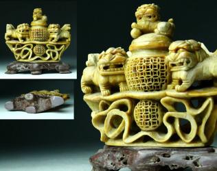 櫻】中国美術 寿山石彫刻 獅子七宝透香炉 時代唐物骨董 [z]2 時代 唐銅