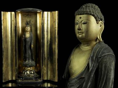 ◇櫟◇ 時代 木彫 阿弥陀如来像 厨子入 49cm 鍍金 細密彫 仏像唐