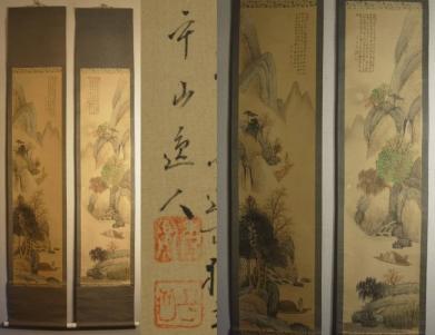平山逸人 筆 『前後赤壁之圖』 山水図 掛軸 〔紙本 肉筆〕 対幅 共