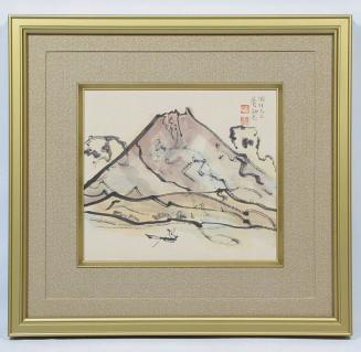 真作保証田崎広助「朱富士」油彩0号 直筆サイン 裏書き 鑑定有り 赤
