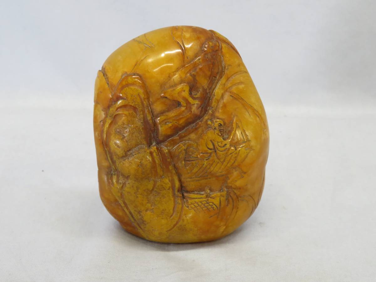 山水寿老人刻黄芙蓉石印材 在銘 専用台付き　古印材老印材　田黄 ◇茶◇36 田黄彫刻山水文印材 【公式通販】