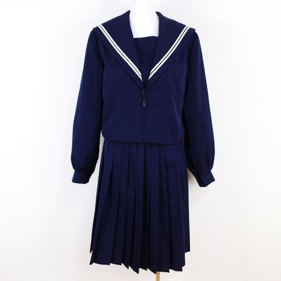 セーラー服 トンボ 学生服 上下セット 冬物 プリーツスカート 女子 中学 高校 学生 制服 白2本線 通学用 中古 紺 AL9196